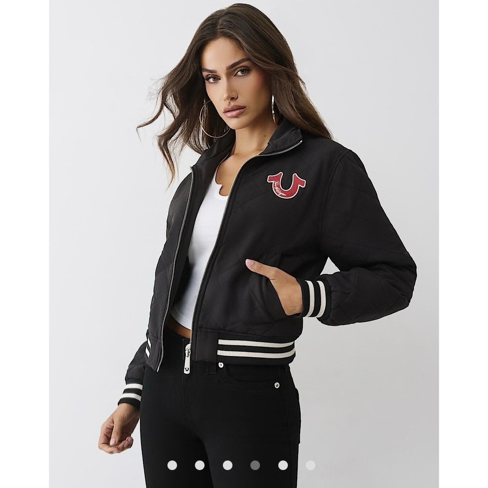 True Religion Bomber Jacket Mens L BLack Quilted Full Zip Logo Horseshoe Varsity